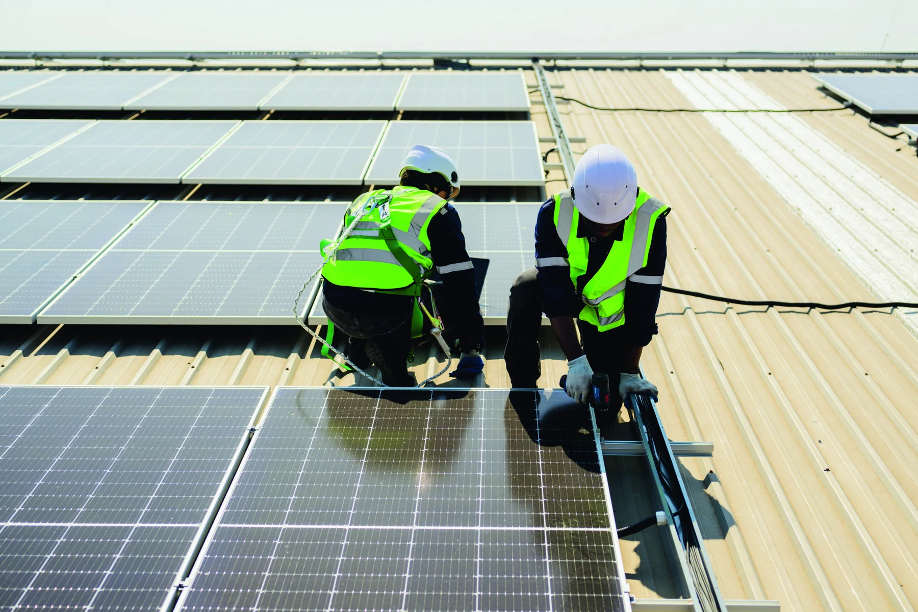 Technicians working across a commercial rooftop solar array